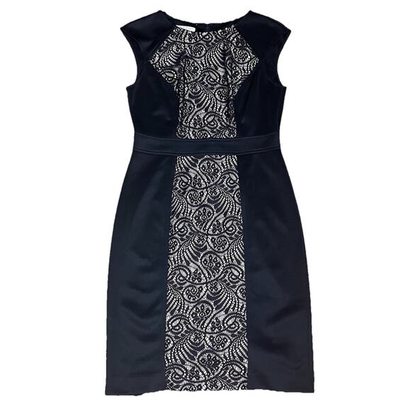 London Black Sheath Dress Sleeveless Lace Front Stretch Size 4 Petite Zip Office - Picture 1 of 15